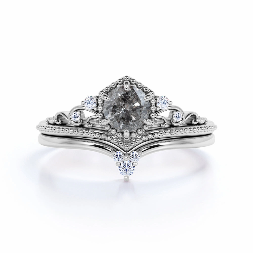 Crown 0.65 Ct Round Cut Salt and Pepper Diamond Wedding Ring Set Modern Design