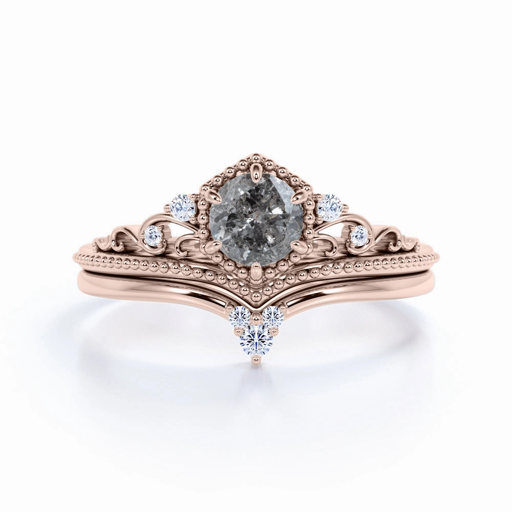 Gift Bag Crown 0.65 Ct Round Cut Salt and Pepper Diamond Wedding Ring Set