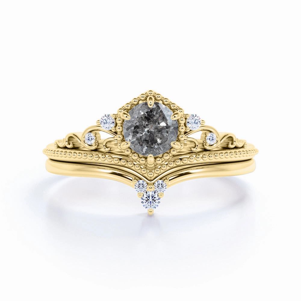 Fine Details Crown 0.65 Ct Round Cut Salt and Pepper Diamond Wedding Ring Set