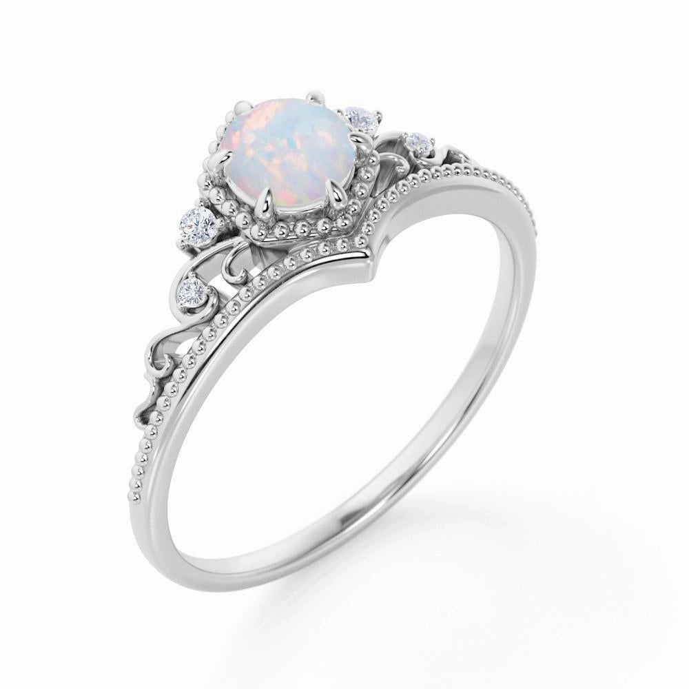 Crown 0.75 Ct Round Cut Lab Created Opal Engagement Ring Geometric Pattern Customizable style