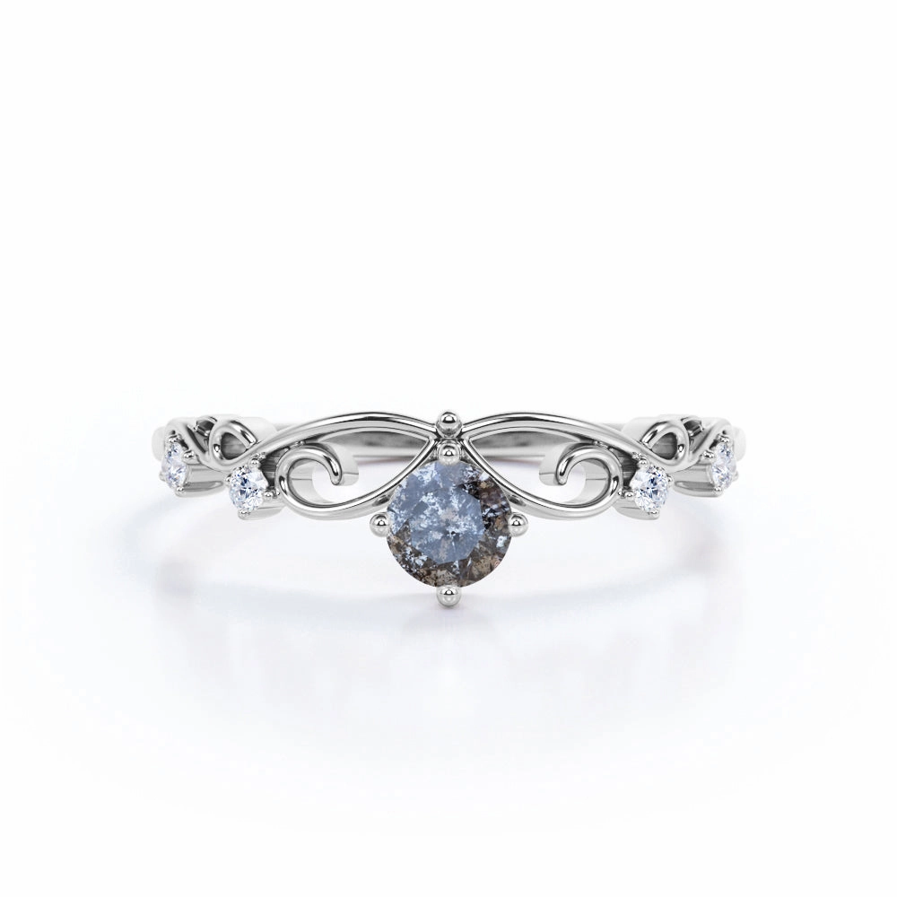 Suburban Trend Petite Present Crown 0.85 Ct Round Salt and Pepper Diamond Engagement Ring