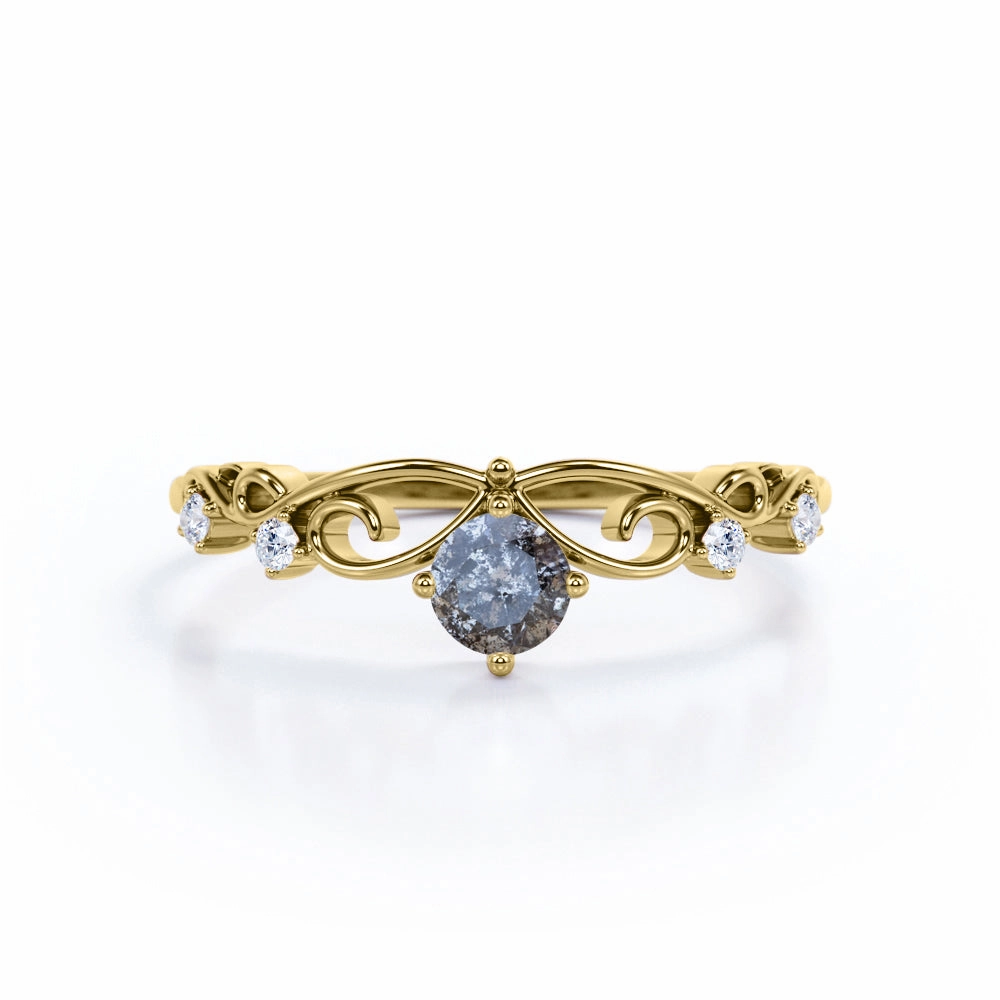 Unique Sign Universal Appeal Crown 0.85 Ct Round Salt and Pepper Diamond Engagement Ring