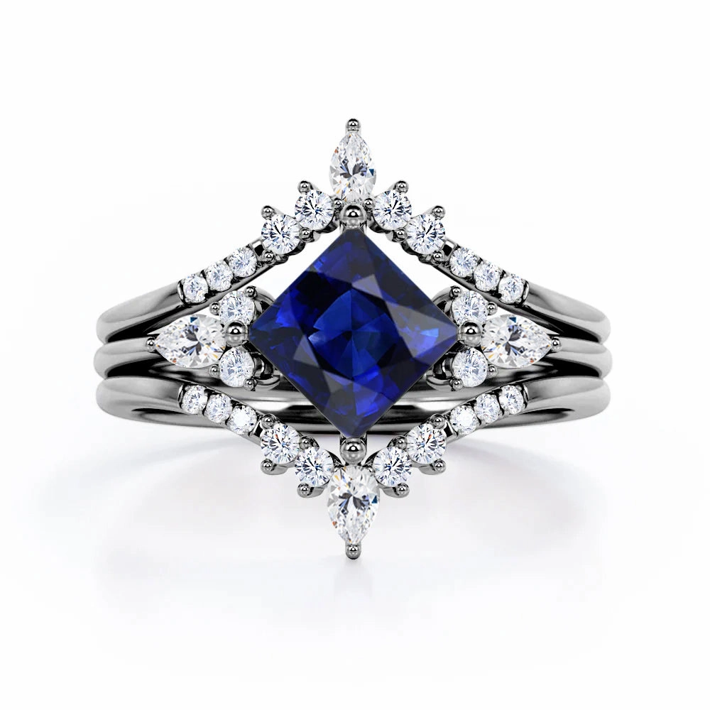 Expert Artistry Crown 1.25 Ct Princess Cut Lab Sapphire Trio Set