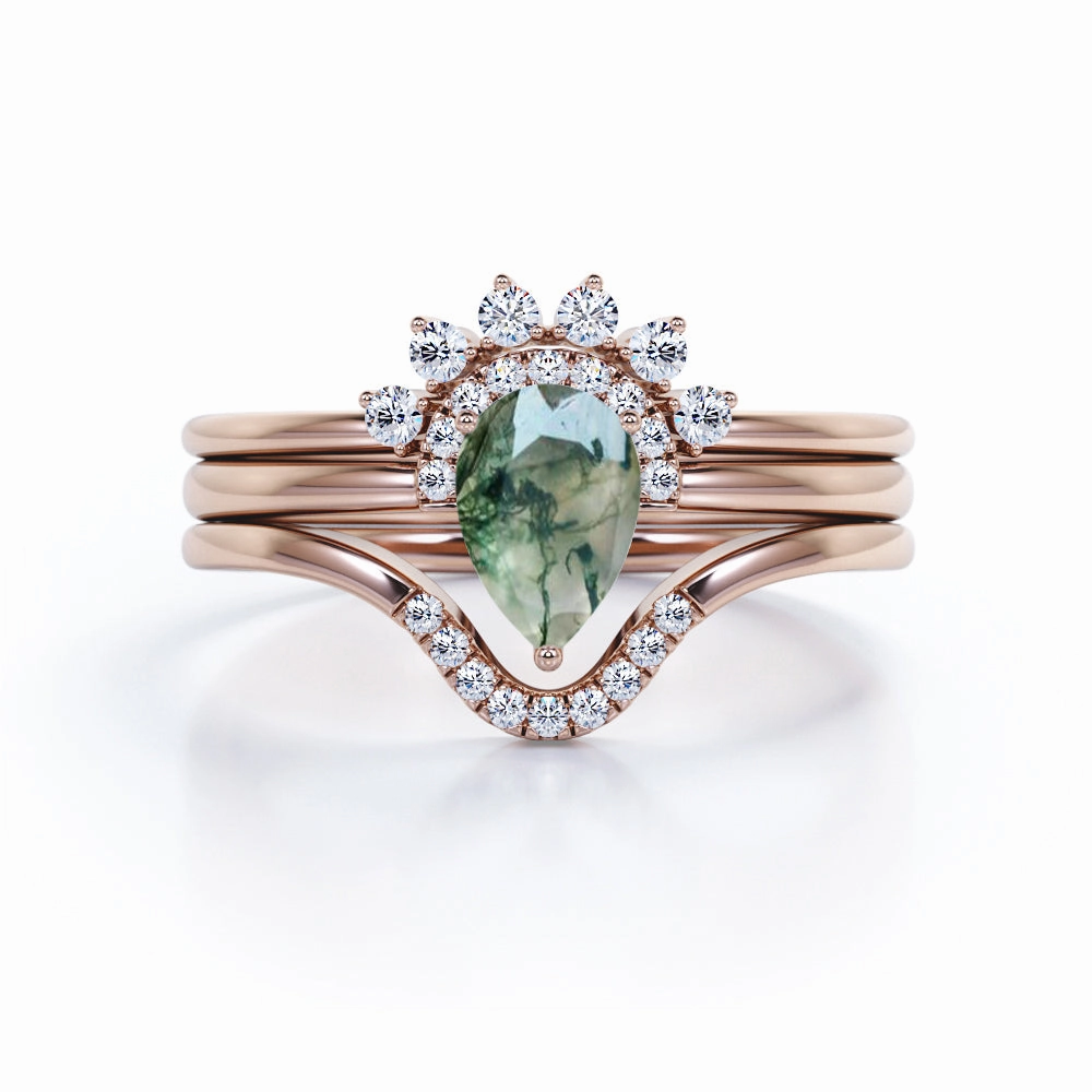 Crown Bezel Set 1 Carat Teardrop Shape Genuine Druzy Moss Green Agate and Matching Diamond Pave Band Trio Ring Sets Affordable Bauble Chic Adornment