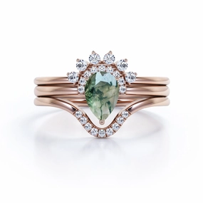 Sparkling Statement Classic Embellishment Crown Bezel Set 1 Carat Teardrop Shape Genuine Druzy Moss Green Agate and Matching Diamond Pave Band Trio Ring Sets