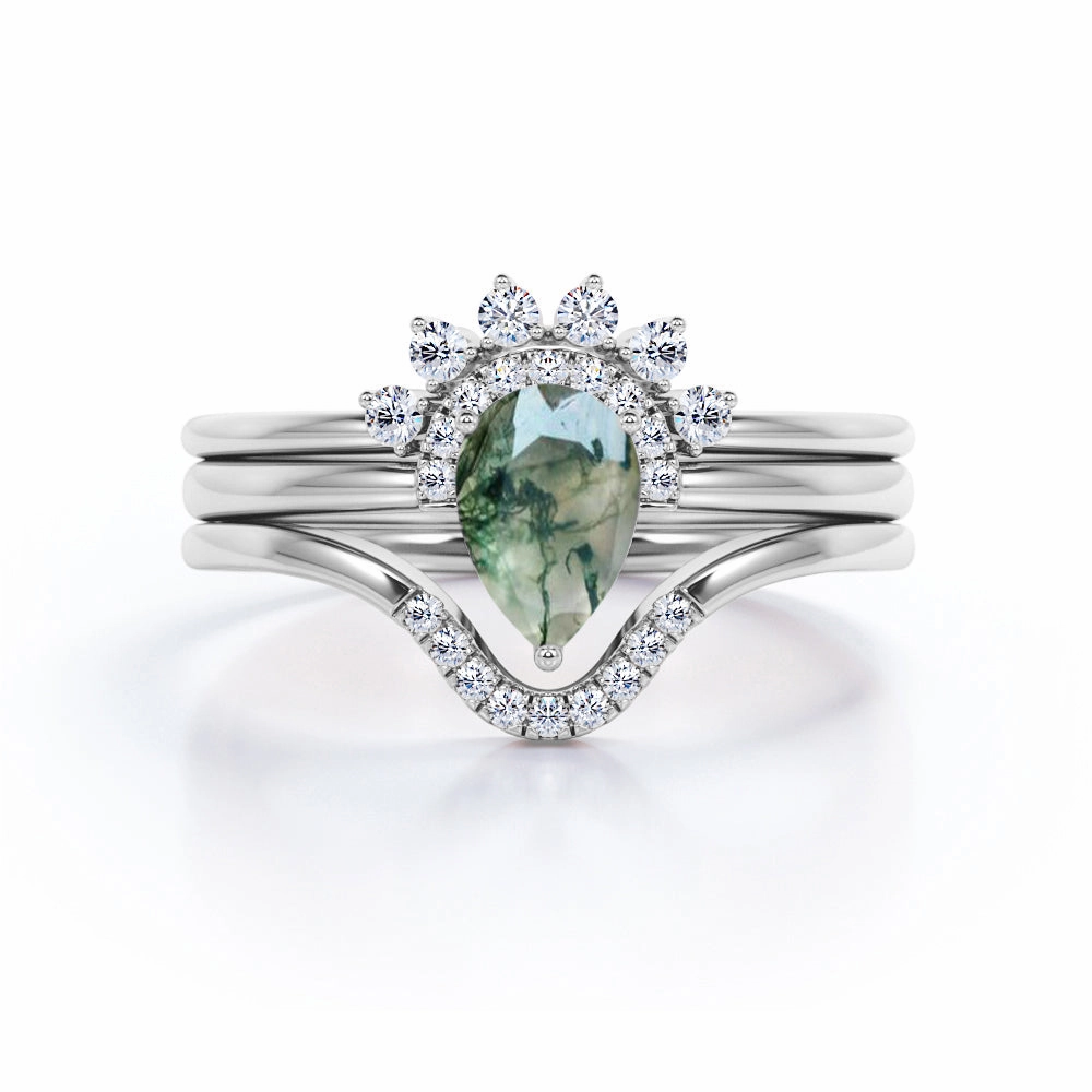 Crown Bezel Set 1 Carat Teardrop Shape Genuine Druzy Moss Green Agate and Matching Diamond Pave Band Trio Ring Sets Sparkling Decoration