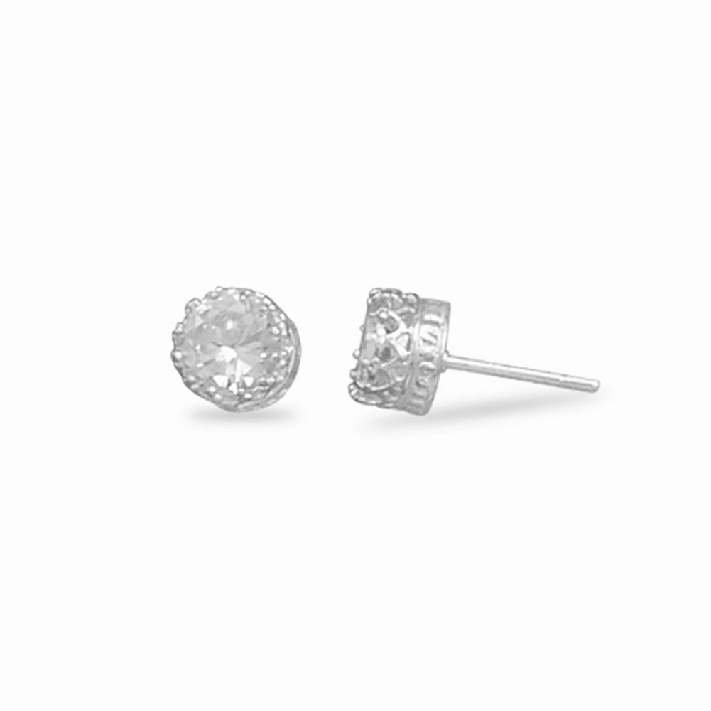 Crown Setting 6mm Cubic Zirconia Post Stud Earrings Sterling Silver Social Item Handsome Embellishment
