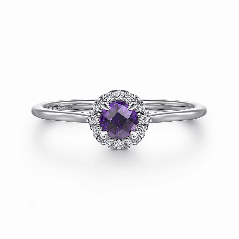 Soft Detail Polished Craft 14K White Gold Amethyst and Diamond Halo Promise Ring