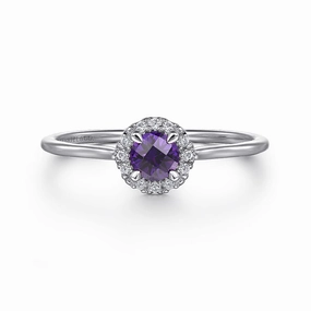 Soft Detail Polished Craft 14K White Gold Amethyst and Diamond Halo Promise Ring