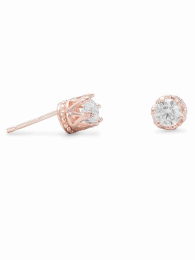 Cubic Zirconia Stud Earrings Rose Gold-plated Sterling Silver Crown Setting Corporate Accessory Shiny Product