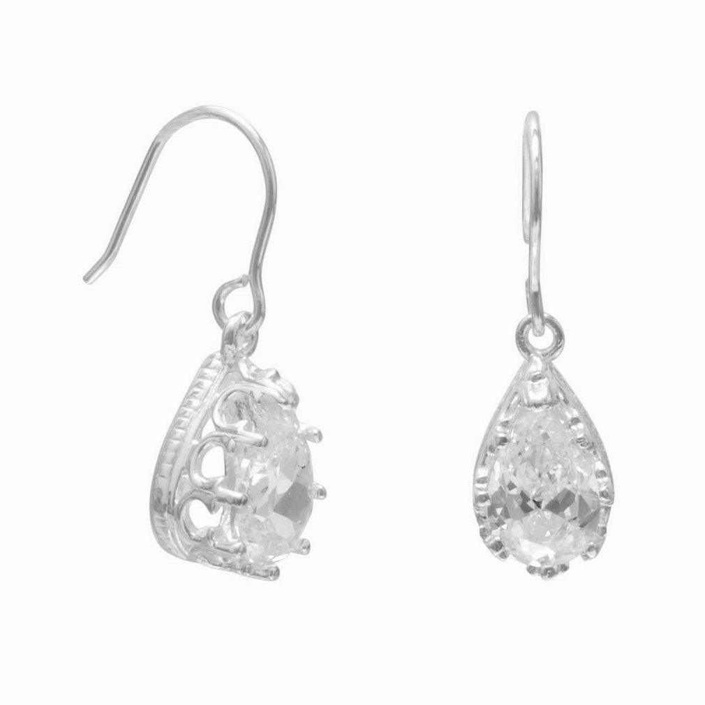 Cubic Zirconia Teardrop Earrings with Crown Setting Sterling Silver Straight Piece