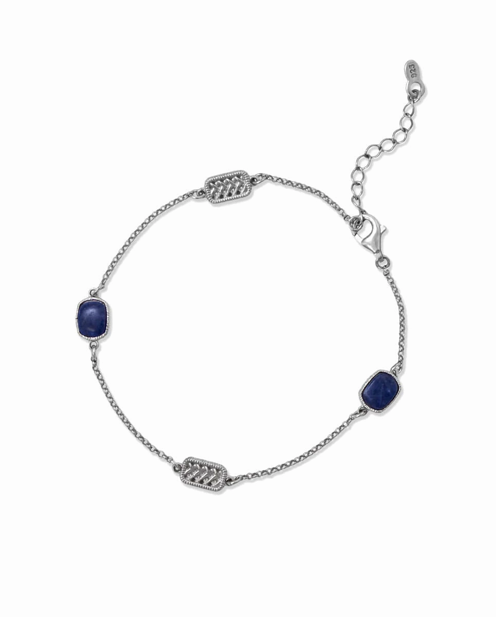 Blue Sodalite Bracelet with Weave Design Stations Rhodium on Silver Adjustable Joyful Encounter Unfettered Imagination