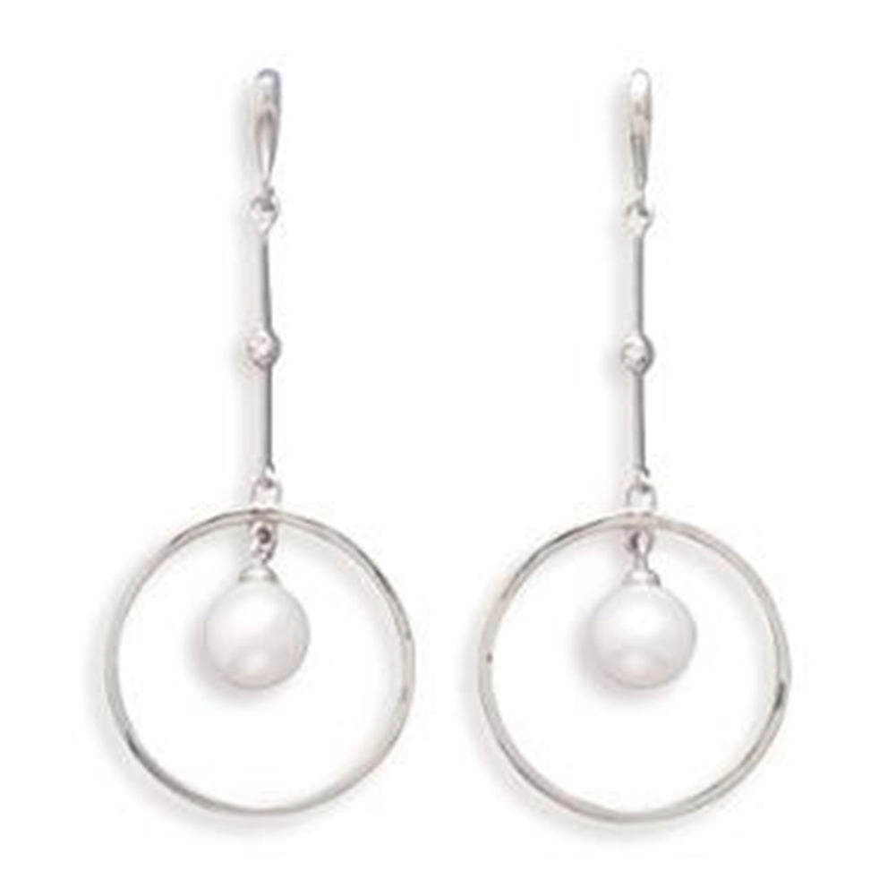 Cultured Freshwater Pearl and Diamond Earrings 14k White Gold Modern Detail