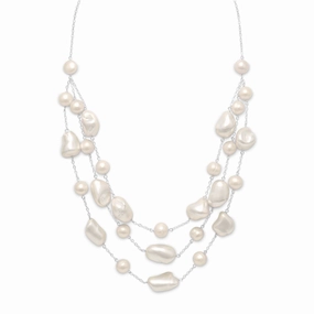 Cultured Freshwater Pearl Bib Necklace with Shell Sterling Silver, Adjustable Work Present Classic Beauty