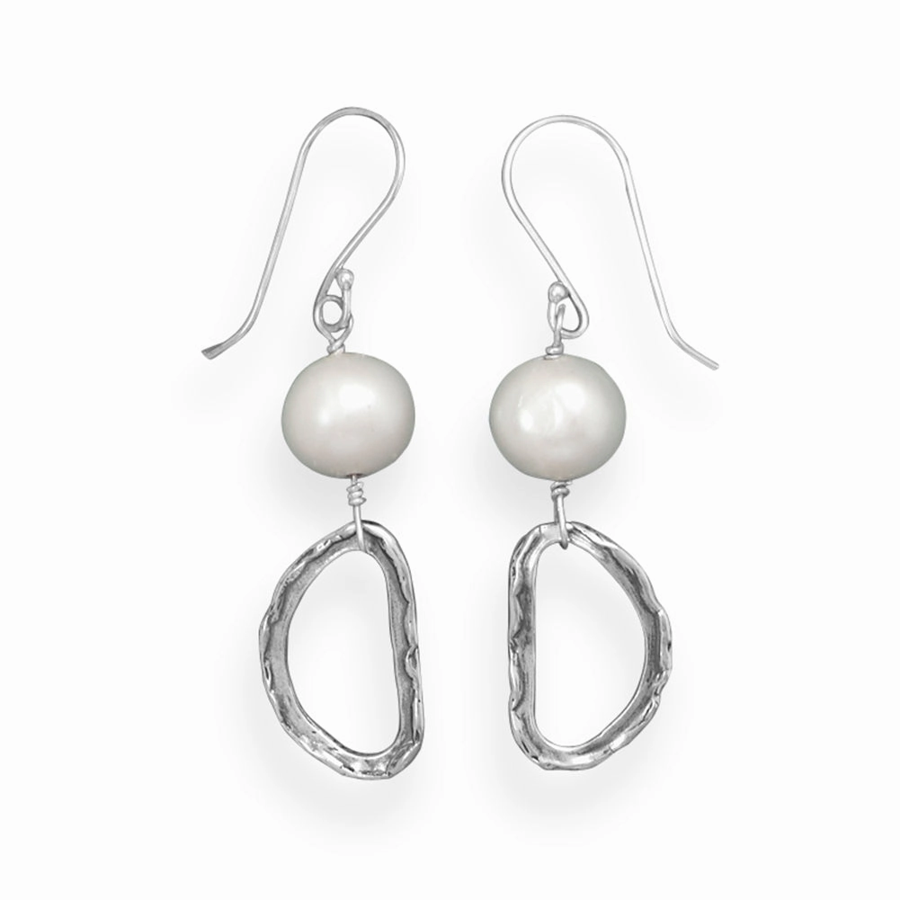 Stunning Piece Sturdy Selection Cultured Freshwater Pearl Earrings with Antiqued Hammered Drop Sterling Silver