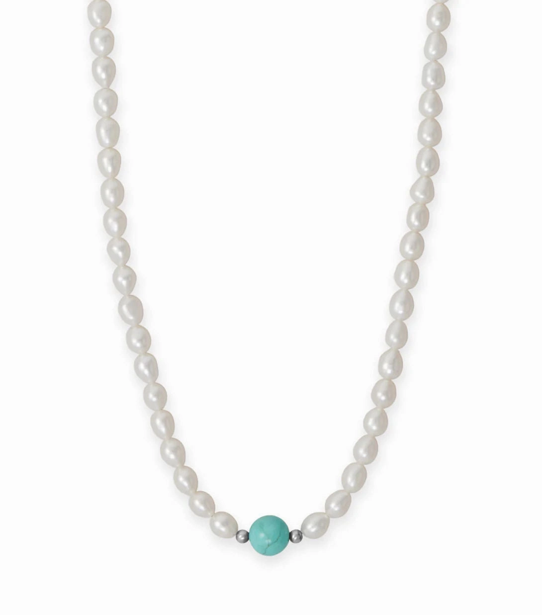 Celebrity Adornment Simple Beauty Cultured Freshwater Pearl Strand Necklace with Kingman Turquoise Bead - Handmade