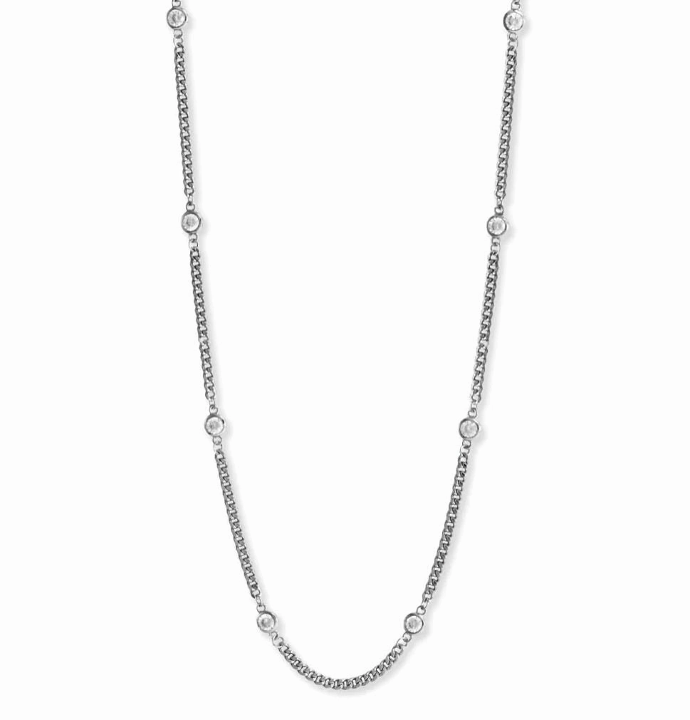 Marvelous Accessory Curb Chain Station Necklace with Cubic Zirconia Rhodium on Silver, Adjustable Length