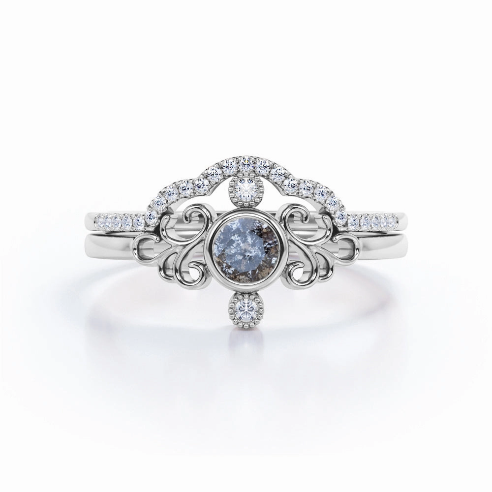 Lightweight Appearance Curved 0.95 Ct Round Salt and Pepper Diamond Wedding Bridal Set