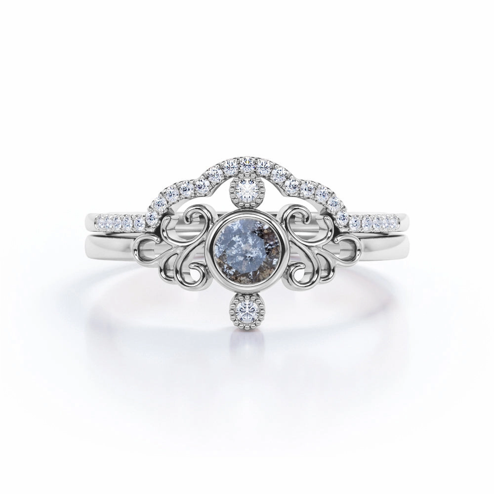 Gift Accent Sleek Appearance Curved 0.95 Ct Round Salt and Pepper Diamond Wedding Bridal Set