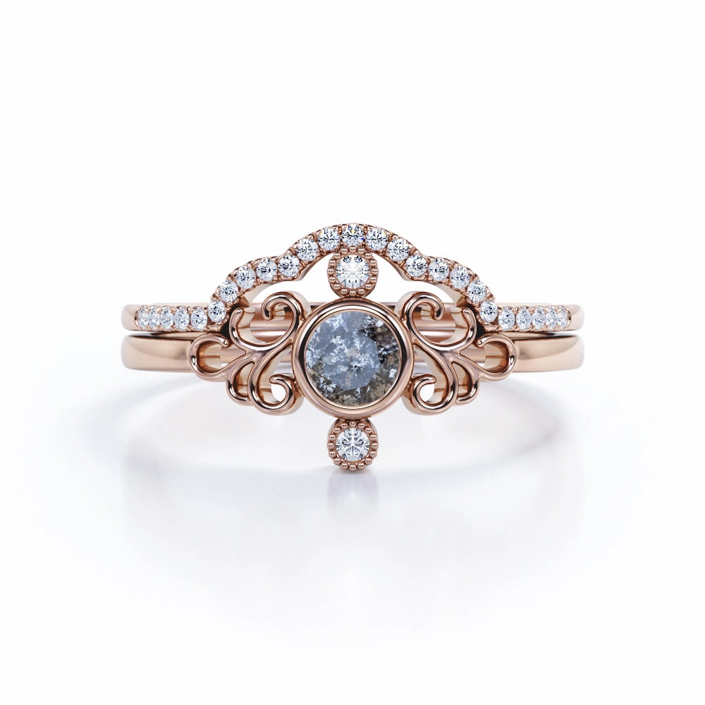 Curved 0.95 Ct Round Salt and Pepper Diamond Wedding Bridal Set Elegant Outfit