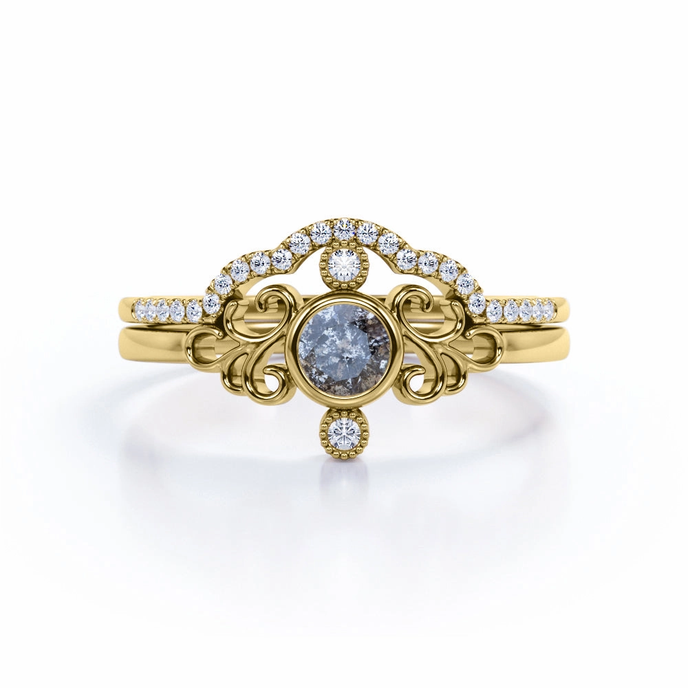 Luxury Sign Curved 0.95 Ct Round Salt and Pepper Diamond Wedding Bridal Set