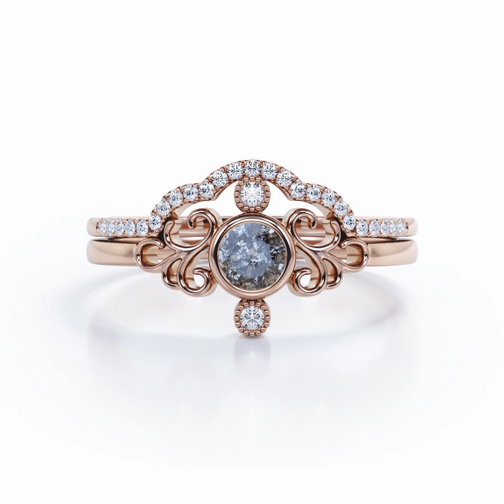 Branded Gift Curved 0.95 Ct Round Salt and Pepper Diamond Wedding Bridal Set