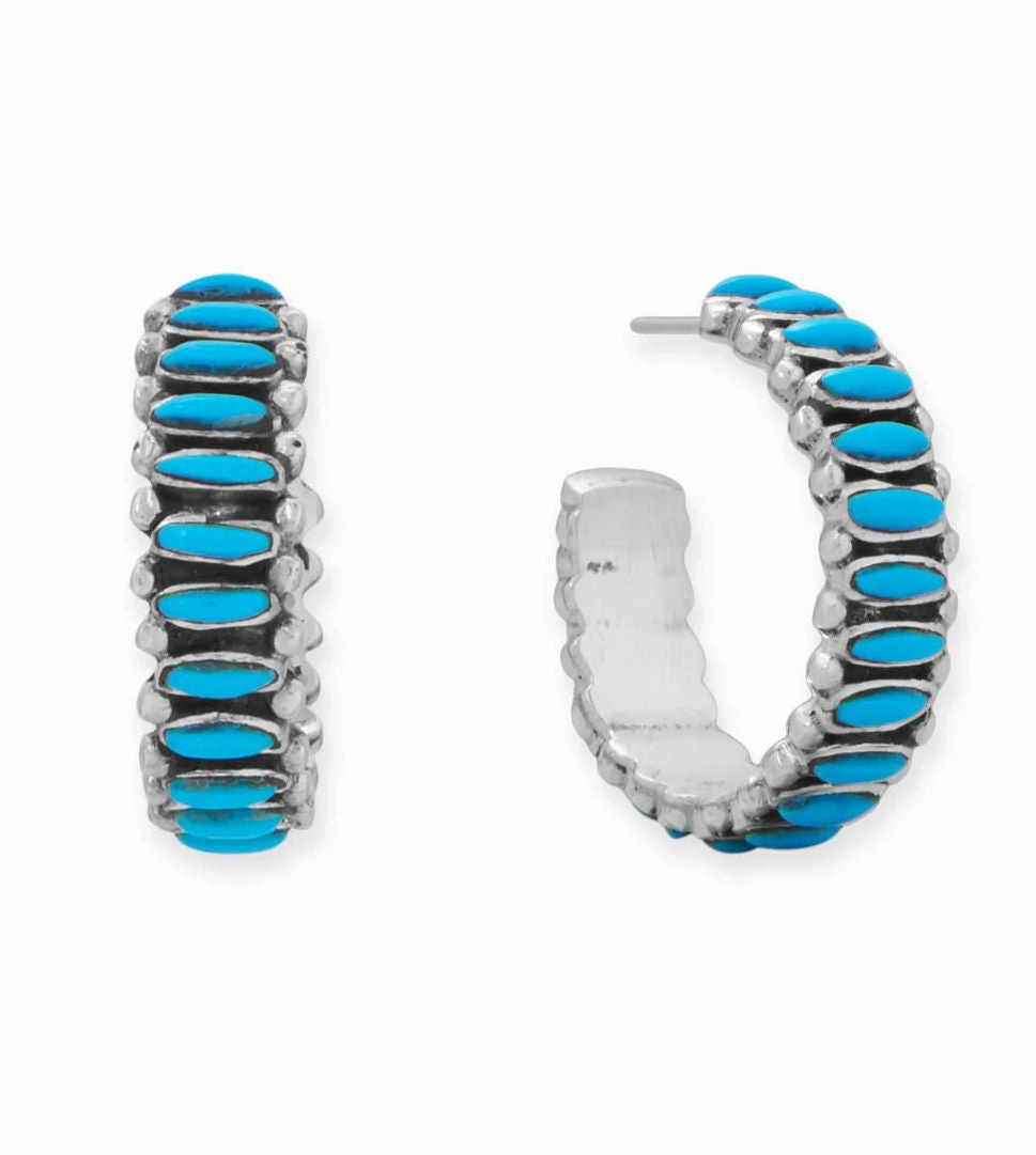 Sterling Silver Hoop Earrings Stabilized Arizona Turquoise Handmade in the USA Square Adornment