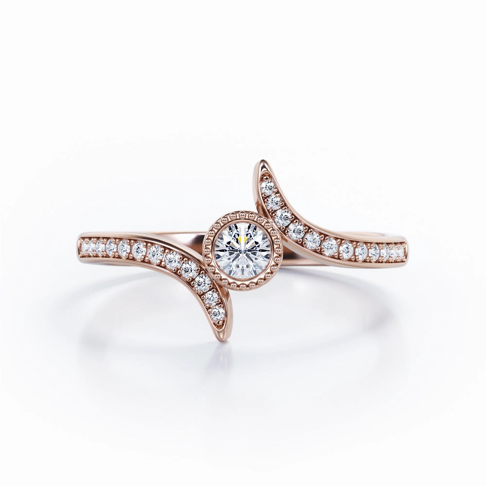 Fine Product Curved Pave-Channel Tension 0.35 TCW Round Shape Diamond Milgrain Bezel Engagement Ring in White Gold