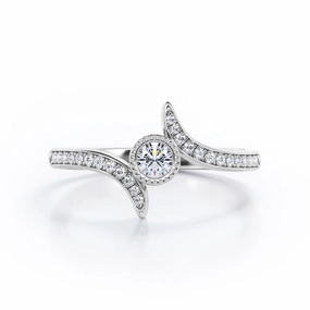 Curved Pave-Channel Tension 0.35 TCW Round Shape Diamond Milgrain Bezel Engagement Ring in White Gold Everyday Look