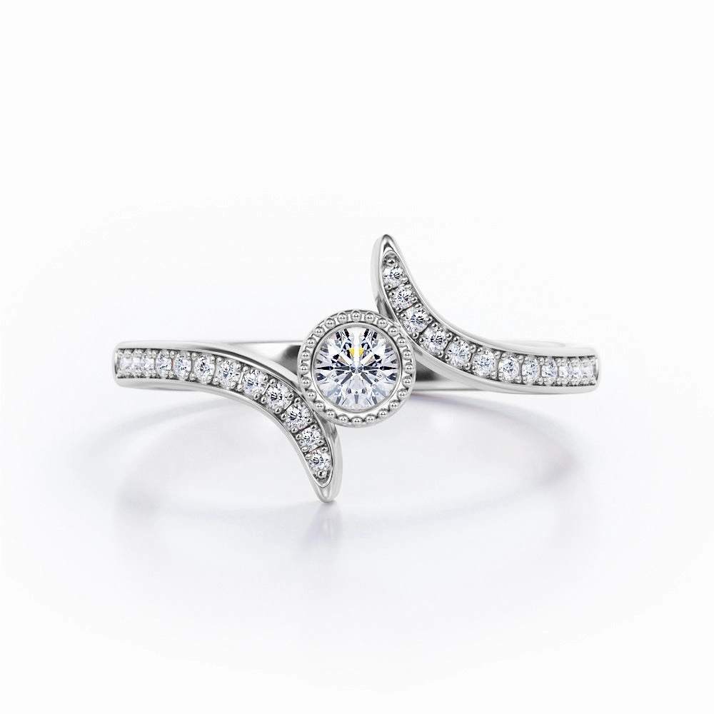 Curved Pave-Channel Tension 0.35 TCW Round Shape Diamond Milgrain Bezel Engagement Ring in White Gold Everyday Look