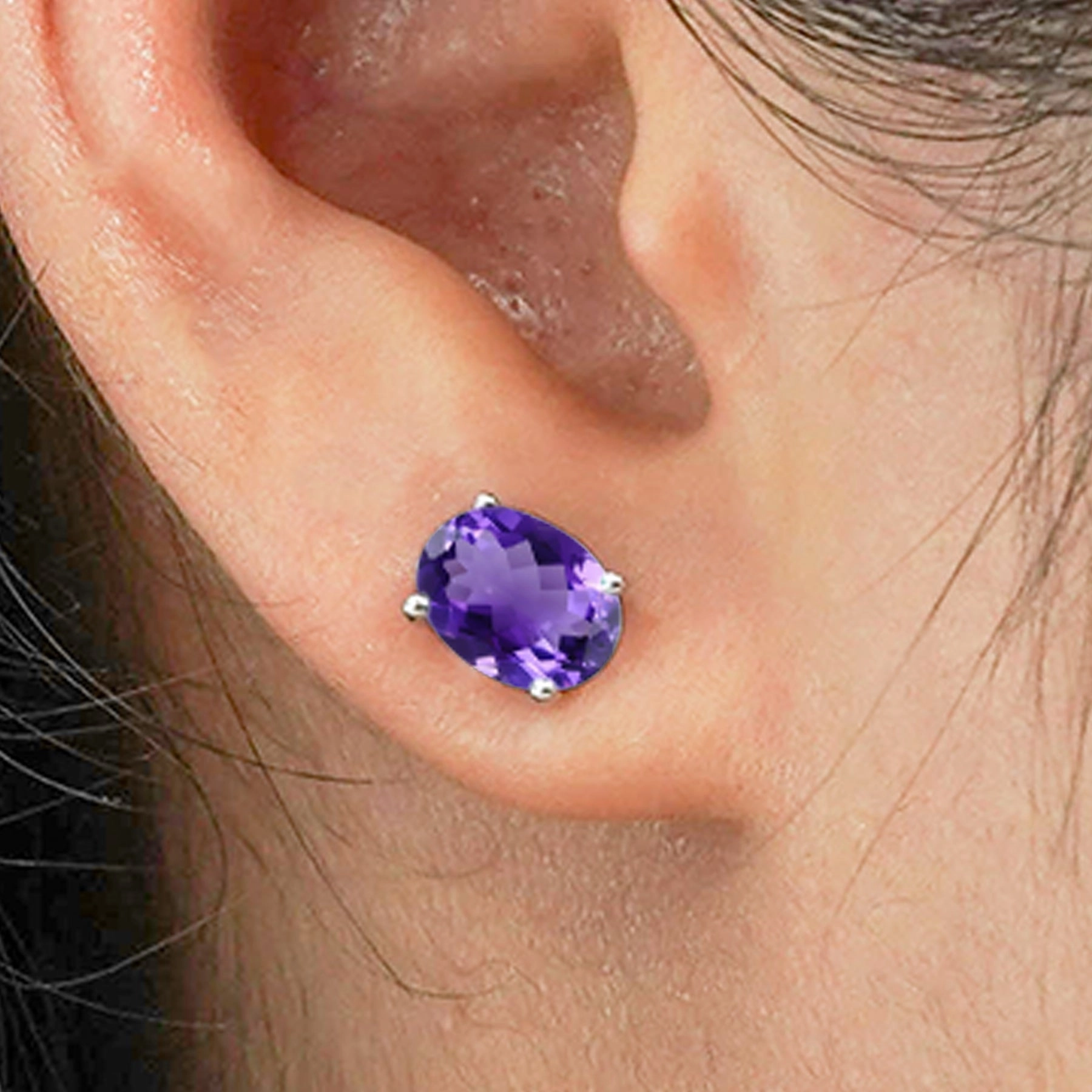 Opulent Embellishment 2.5 Carat Oval Cut - Amethyst - February Birthstone Solitaire Stud Earrings - 4 Prong - In 18K White Gold Plating Over Silver