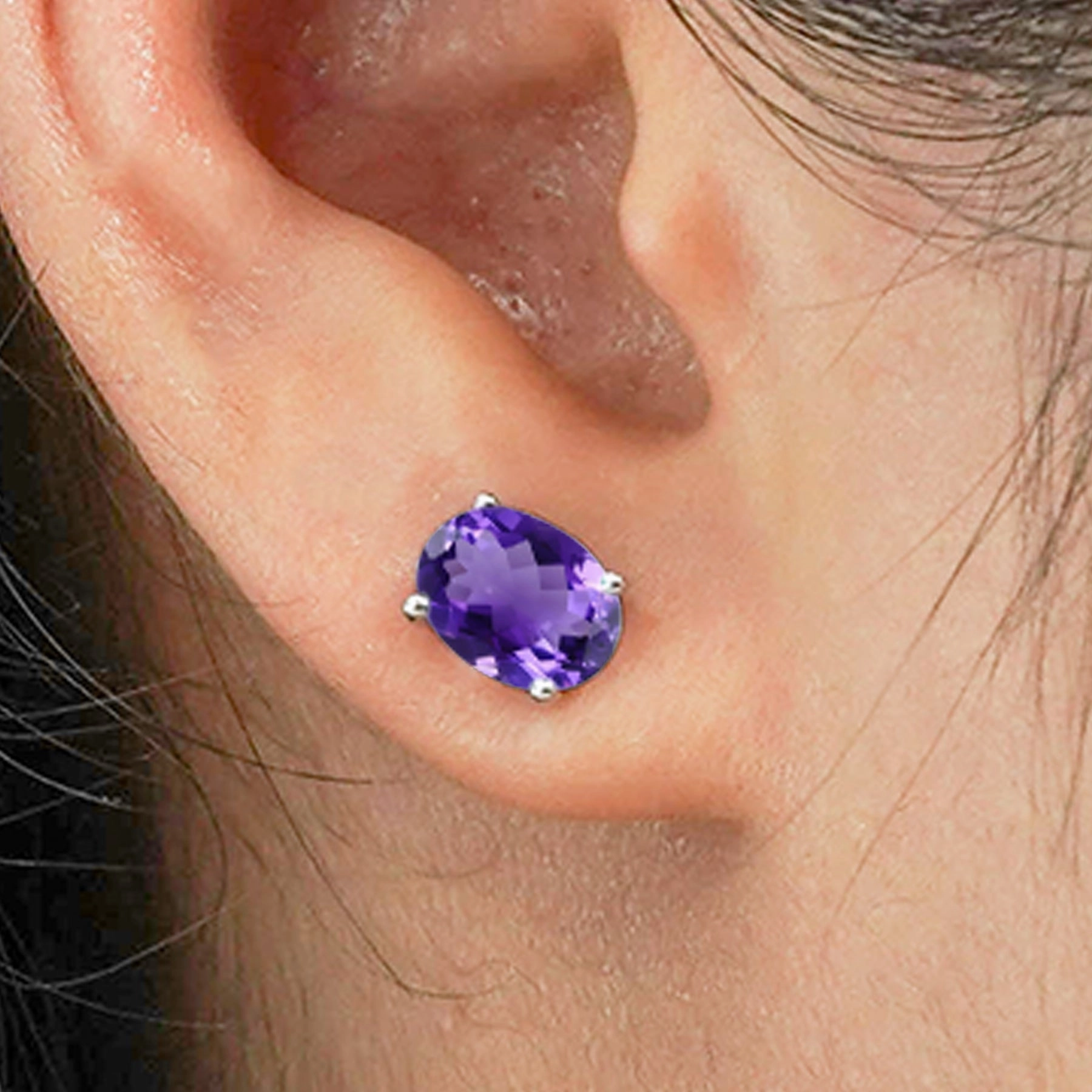 2.5 Carat Oval Cut - Amethyst - February Birthstone Solitaire Stud Earrings - 4 Prong - In 18K White Gold Plating Over Silver Lightweight feature