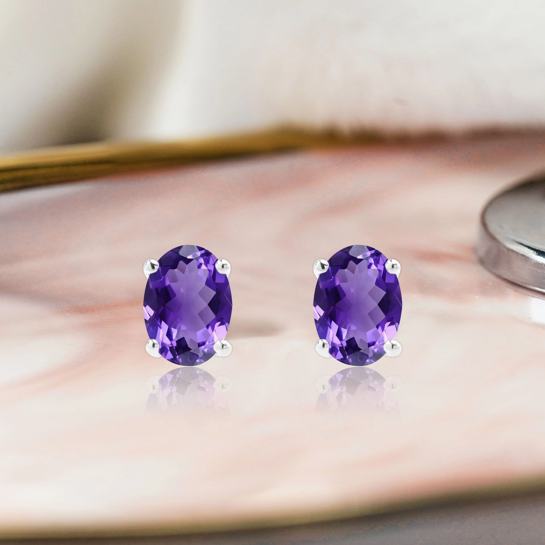 2.5 Carat Oval Cut - Amethyst - February Birthstone Solitaire Stud Earrings - 4 Prong - In 18K White Gold Plating Over Silver Luxurious Choice