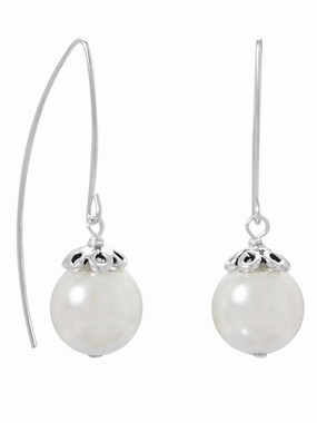 Sterling Silver Imitation Pearl Drop Earrings with Curved Ear Wire and Bead Cap Chic Selection Unique Design