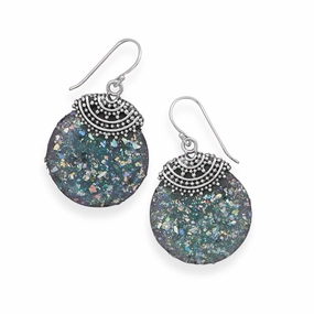 Ancient Roman Glass Round Earrings Sterling Silver Antiqued Beaded Cap Design Sterling Silver Vibrant Accessory