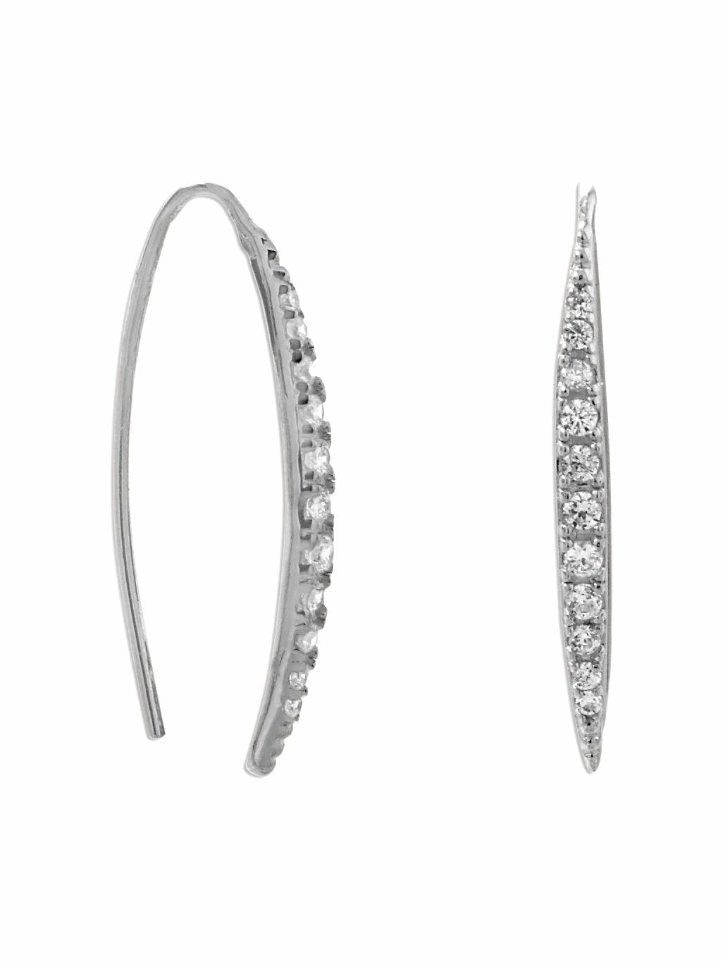Secure Piece Curved Wire Earrings Rhodium on Sterling Silver with Cubic Zirconia