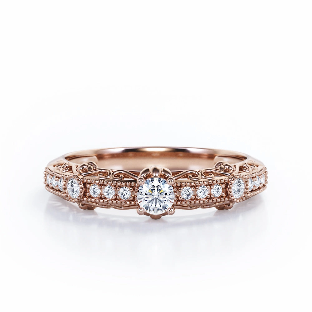 High-End Statement Victorian Design 0.35 TCW Round Brilliant Cut Diamond Milgrain Pave Bezel Engagement Ring in White Gold