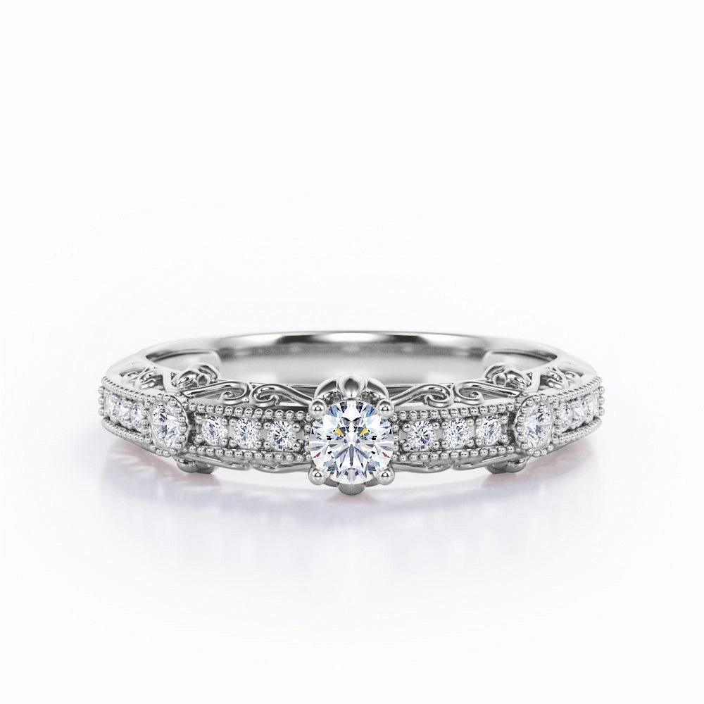 Event Friendly Victorian Design 0.35 TCW Round Brilliant Cut Diamond Milgrain Pave Bezel Engagement Ring in White Gold