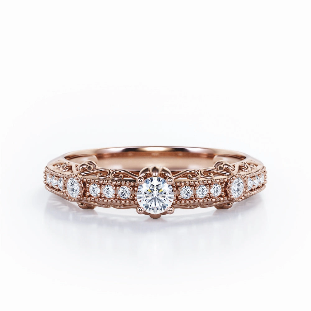 Victorian Design 0.35 TCW Round Brilliant Cut Diamond Milgrain Pave Bezel Engagement Ring in White Gold Timeless Geometry Gift Pack