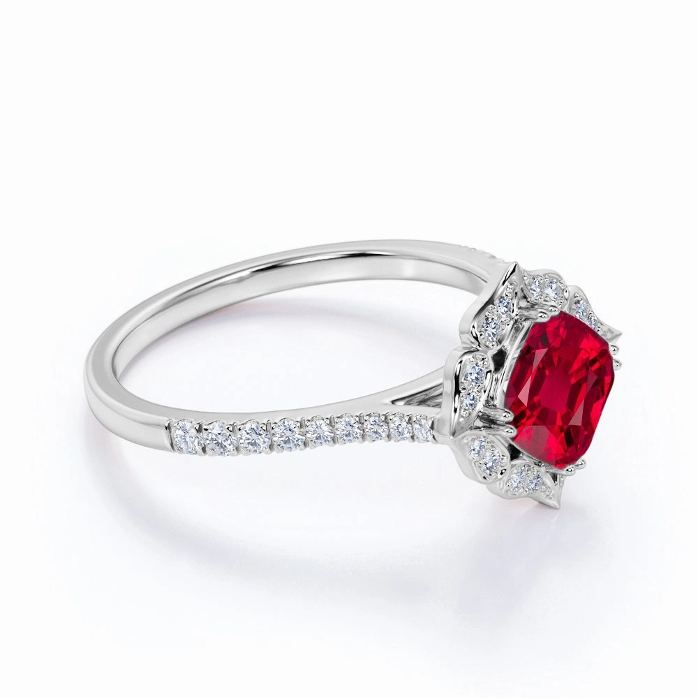 Floral 1.35 ct Cushion Lab-Created Ruby Halo Engagement Ring Artistic Ornament