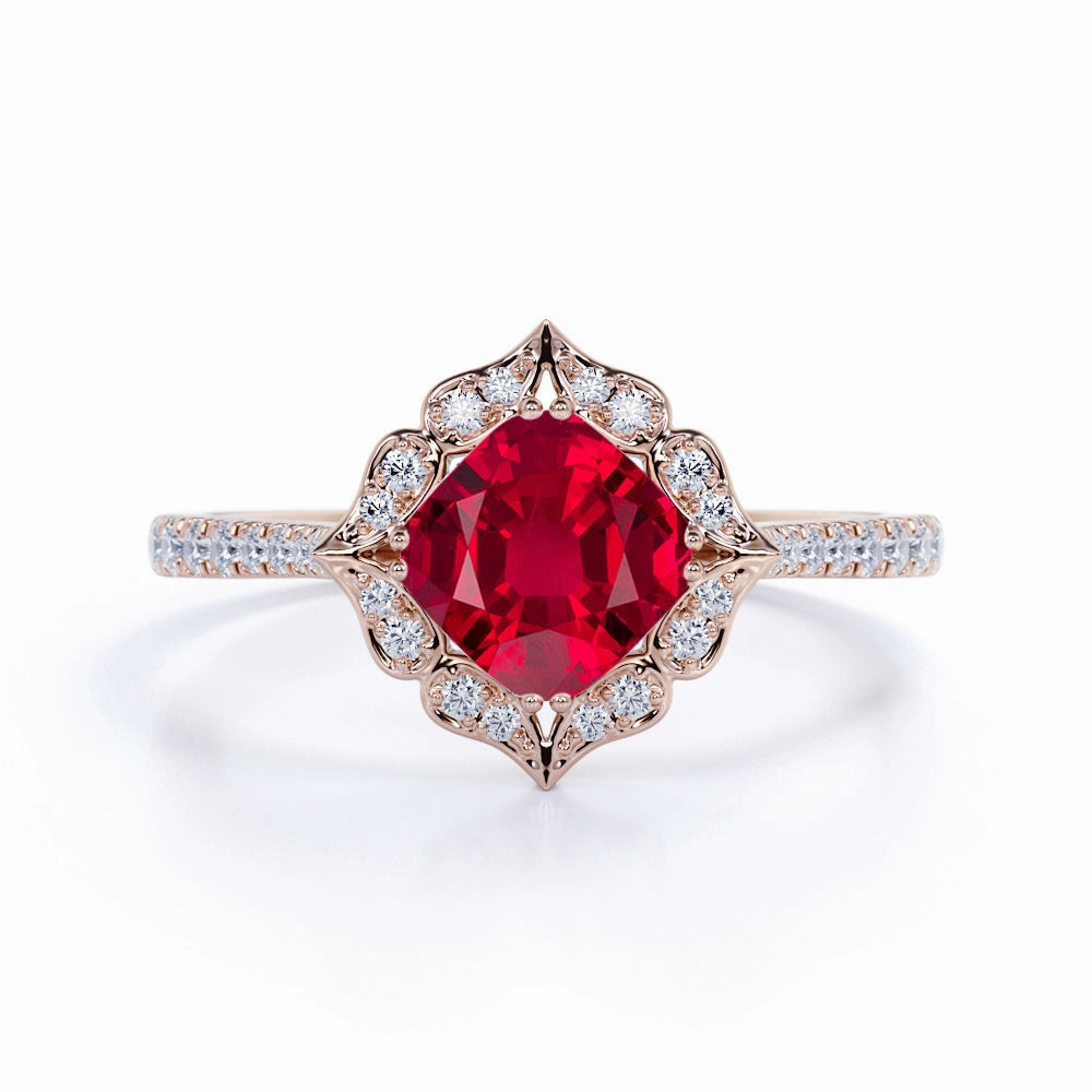 Floral 1.35 ct Cushion Lab-Created Ruby Halo Engagement Ring Refined Jewelry