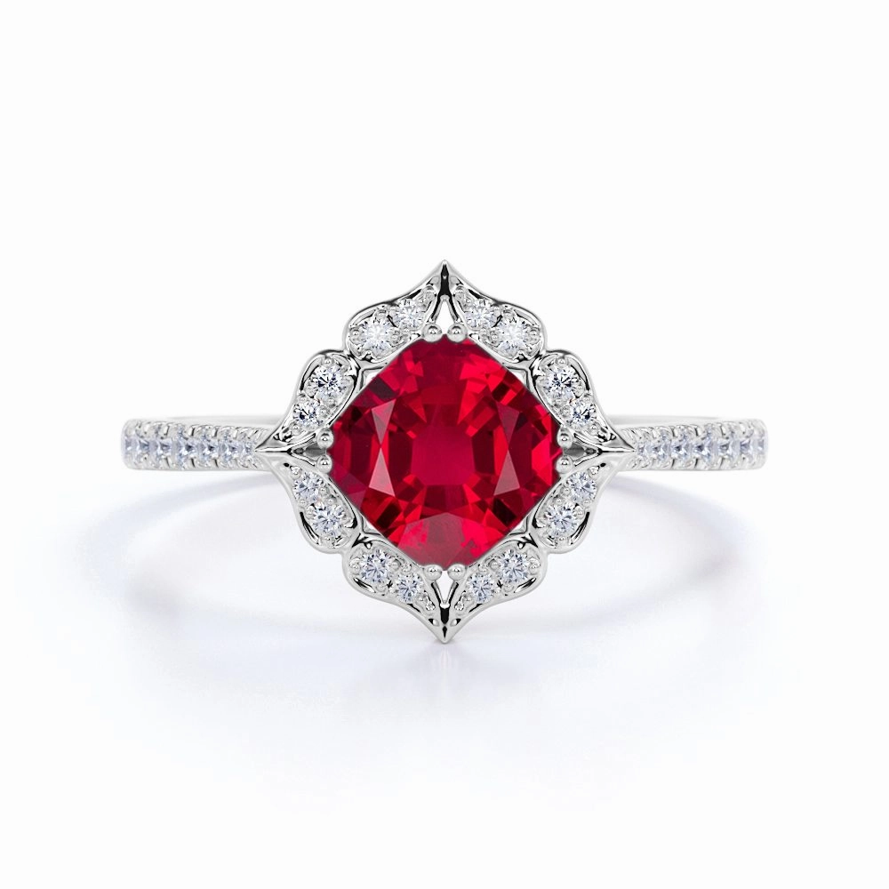 Fashion Forward Lightweight Statement Floral 1.35 ct Cushion Lab-Created Ruby Halo Engagement Ring