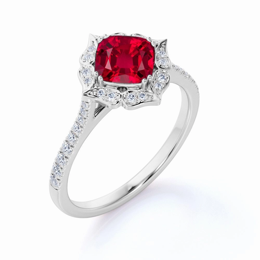 Floral 1.35 ct Cushion Lab-Created Ruby Halo Engagement Ring Fine Art Special Accent