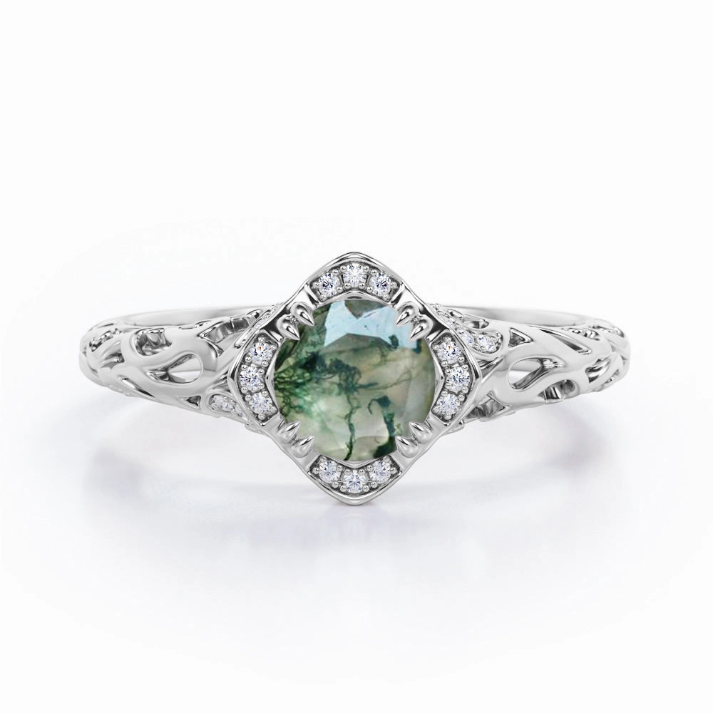 Modern Art Deco 1.10 Carat Round Cut Green Moss Agate And Diamond Cushion Framed Halo Engagement Ring In White Gold Gentle Design