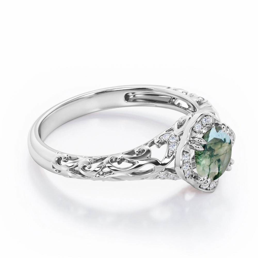 Strong Art Modern Art Deco 1.10 Carat Round Cut Green Moss Agate And Diamond Cushion Framed Halo Engagement Ring In White Gold