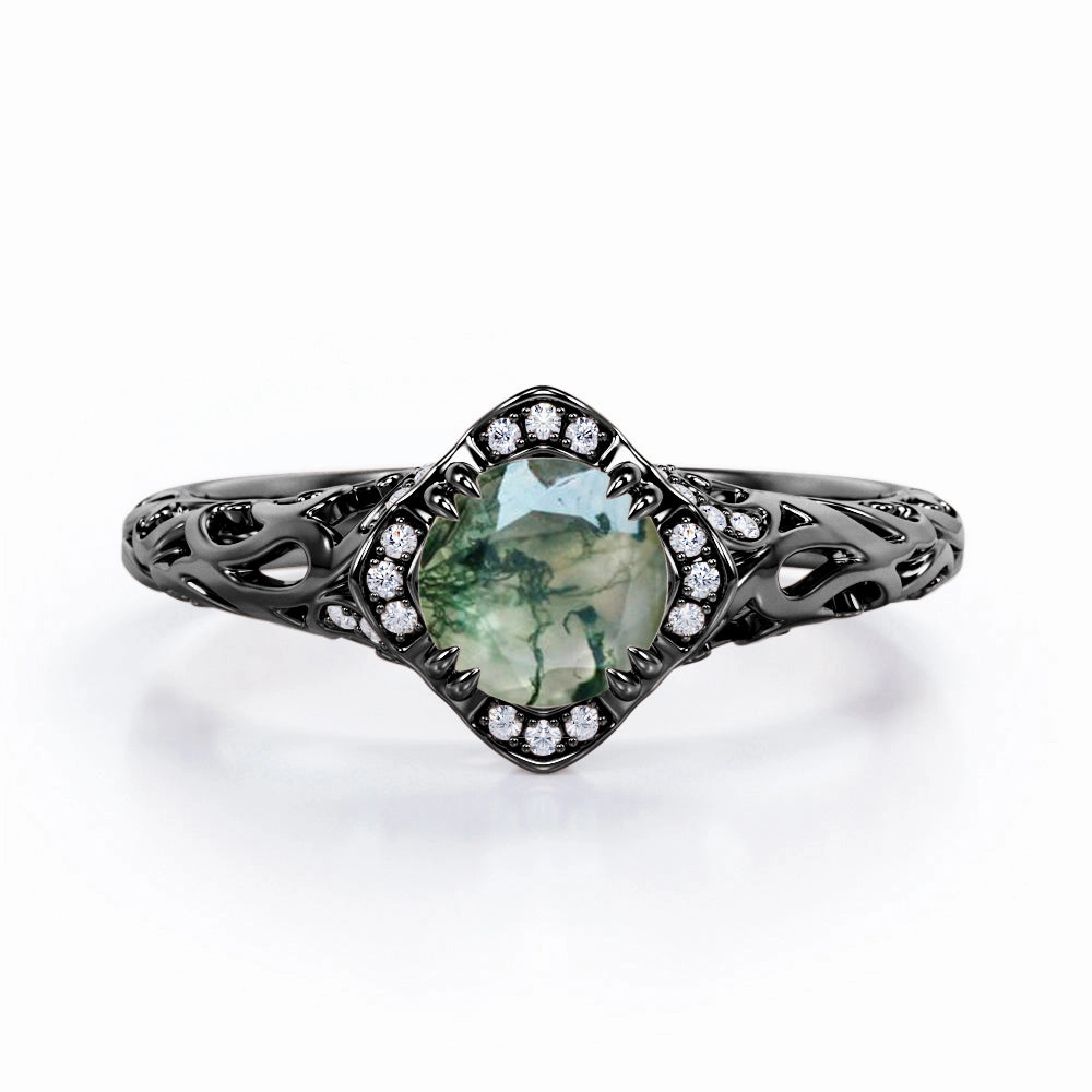 Traditional Sign Modern Art Deco 1.10 Carat Round Cut Green Moss Agate And Diamond Cushion Framed Halo Engagement Ring In White Gold