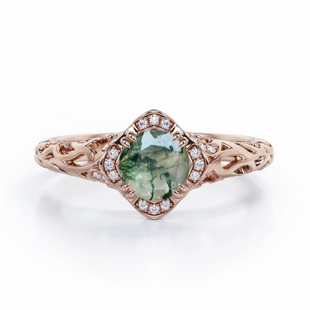 Balanced Design Unique Detail Modern Art Deco 1.10 Carat Round Cut Green Moss Agate And Diamond Cushion Framed Halo Engagement Ring In White Gold