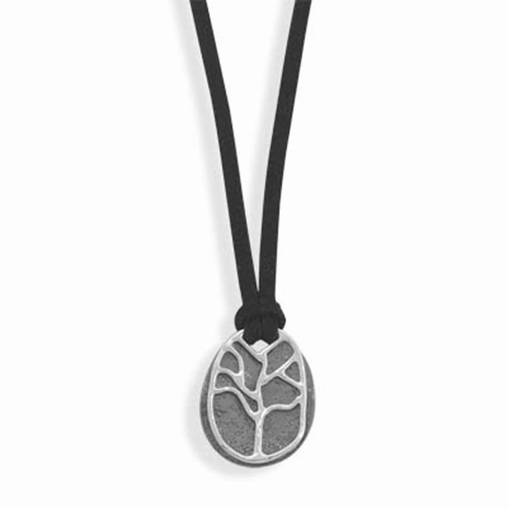Two Part Tree Necklace Sterling Silver with Black Suede Polished Accent Lovely Jewelry