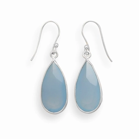 Linear Ornament Faceted Blue Chalcedony Earrings Teardrop Shape Sterling Silver