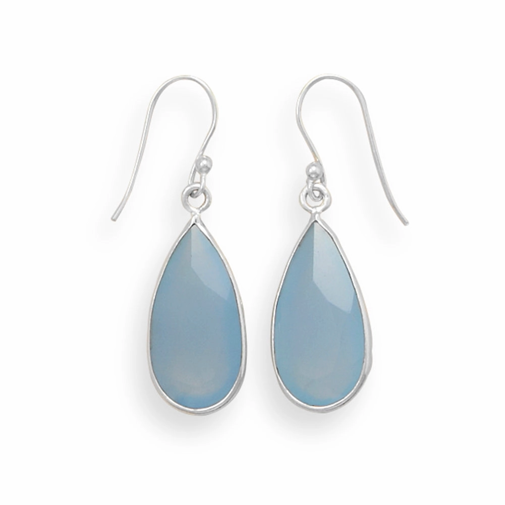 Linear Ornament Faceted Blue Chalcedony Earrings Teardrop Shape Sterling Silver